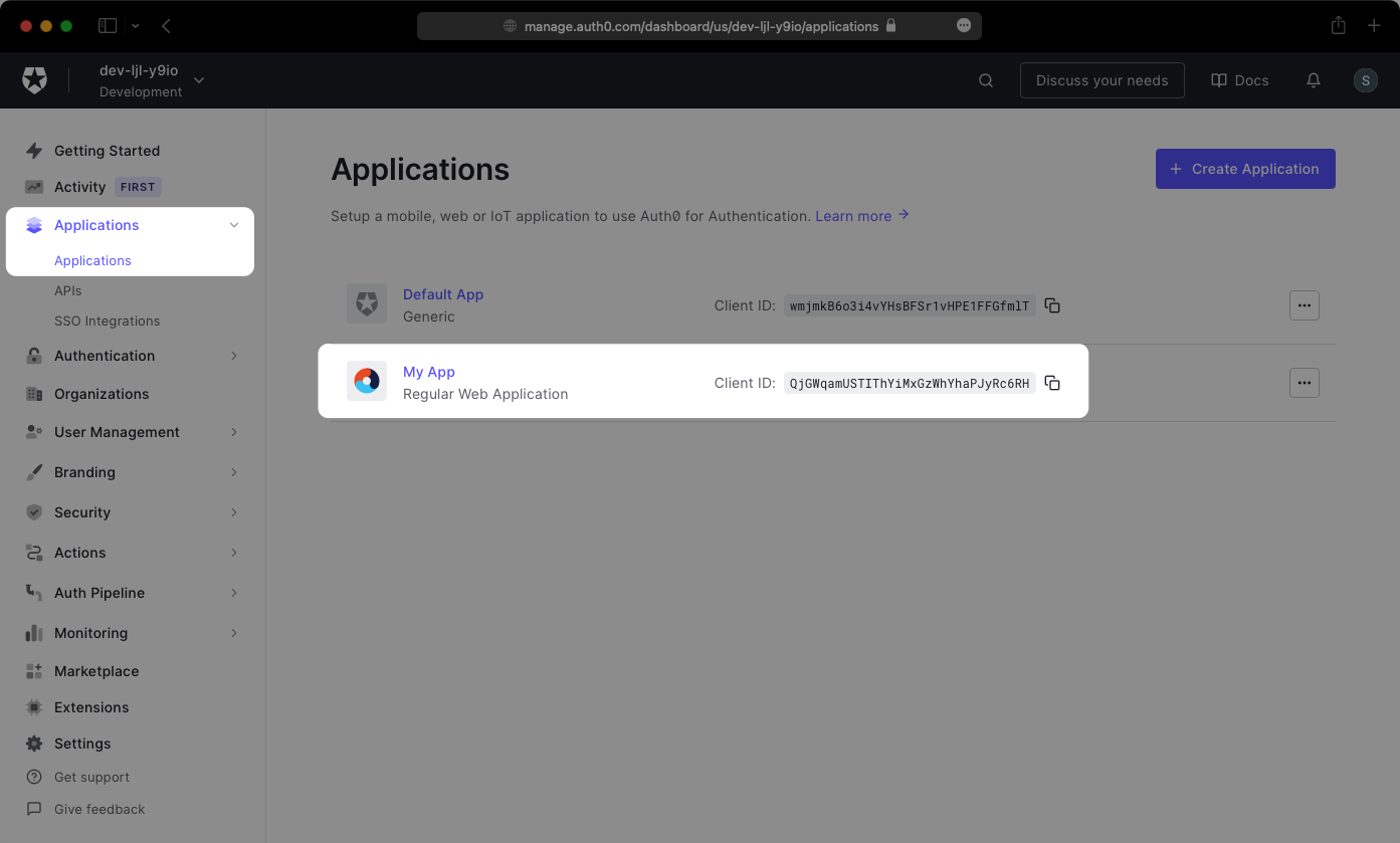 A screenshot showing where to find the web application in Auth0 Dashboard.