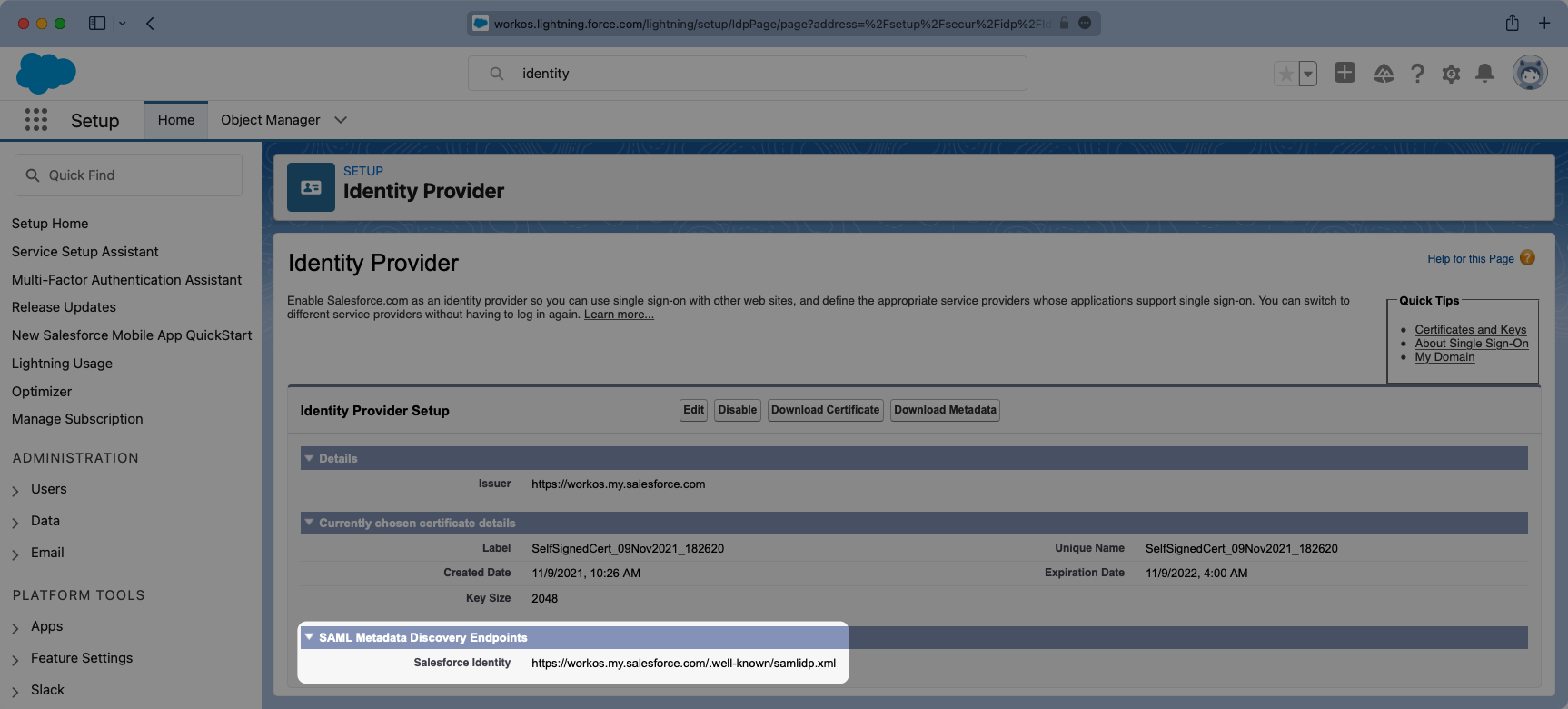 A screenshot showing where to copy the IdP Metadata URL from in the Salesforce dashboard.