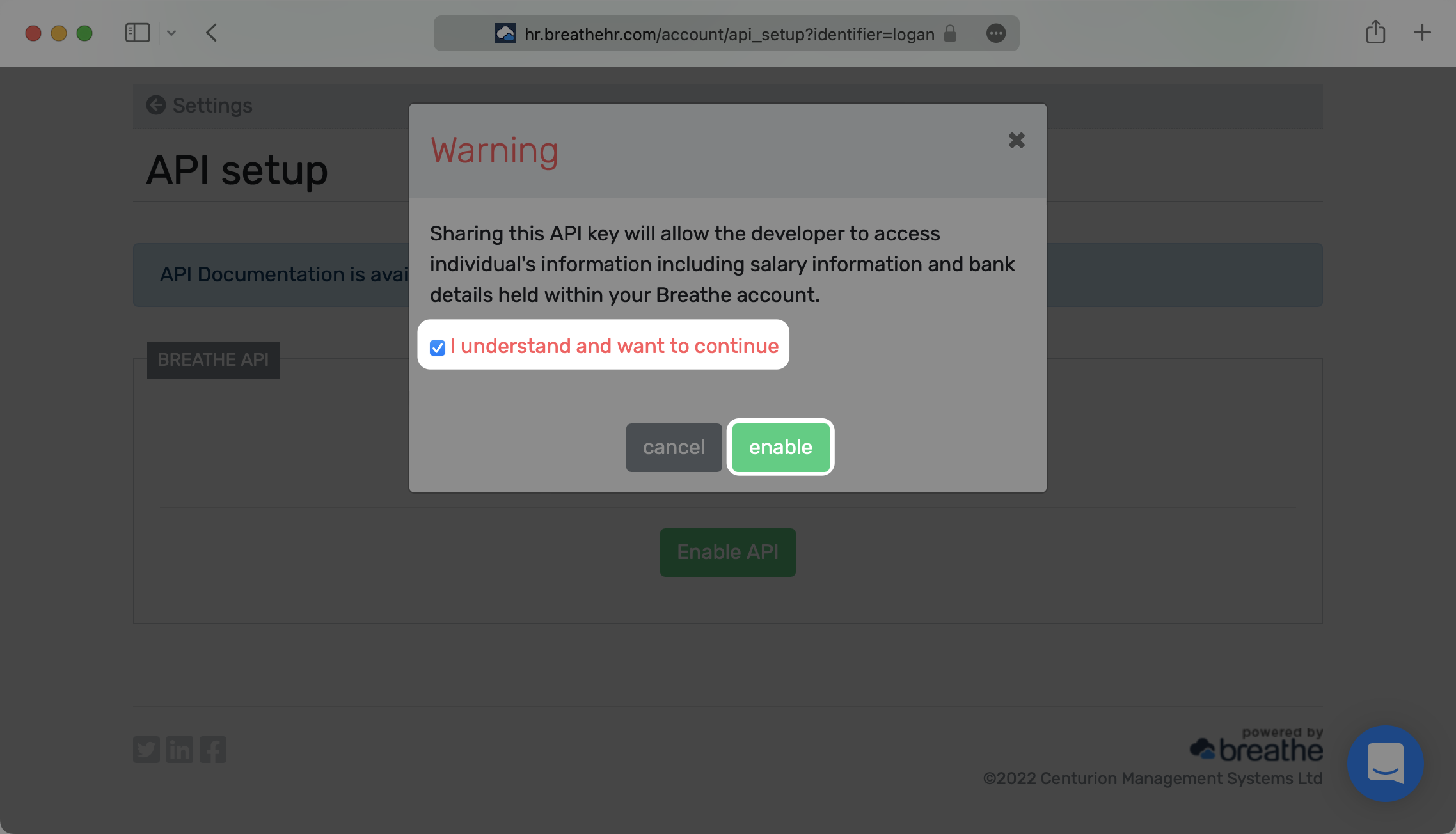 A screenshot showing to mark the checkbox denoting "I understand and want to continue" in the "Warning" modal in the Breathe HR dashboard.