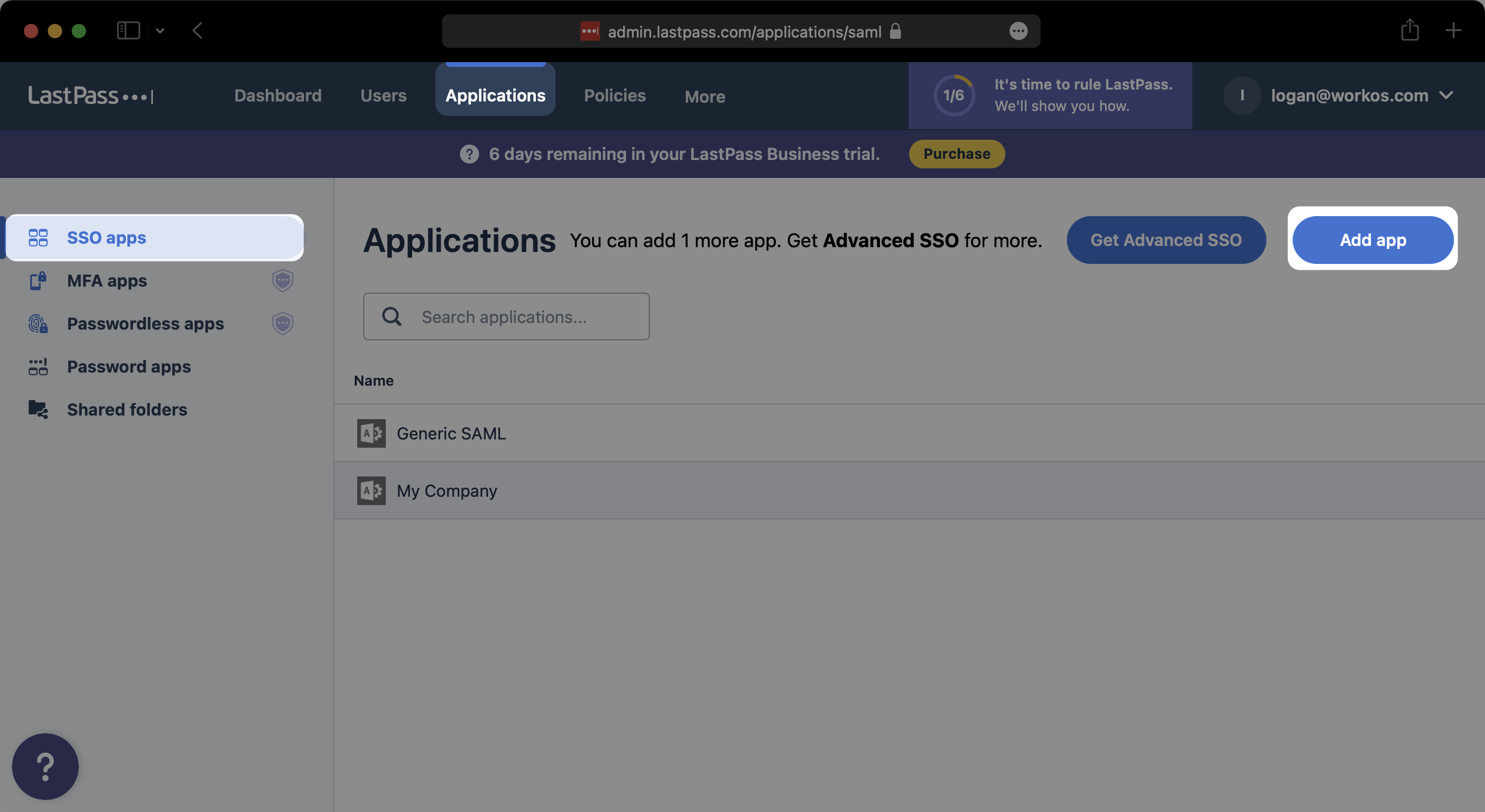 A screenshot showing "Add app" in the "SSO apps" section of the Applications tab in the LastPass admin dashboard.