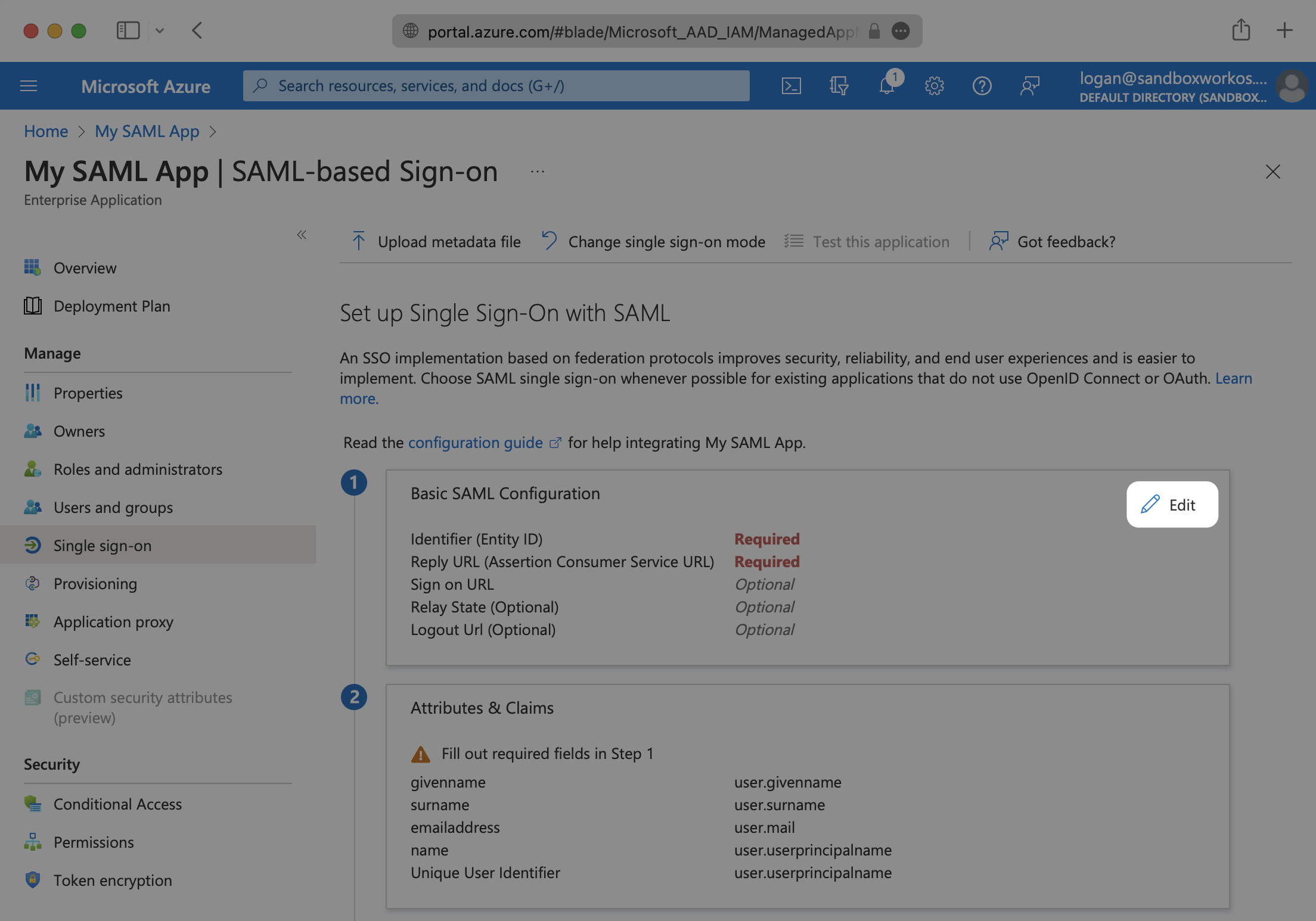 A screenshot showing where to select "Edit" for the "Basic SAML Configuration" step in the Azure dashboard.