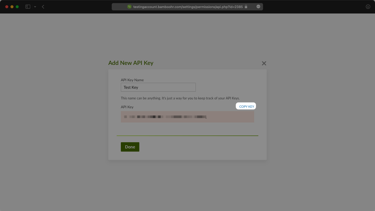 A screenshot showing where to find "Copy Key" in the BambooHR Dashboard.
