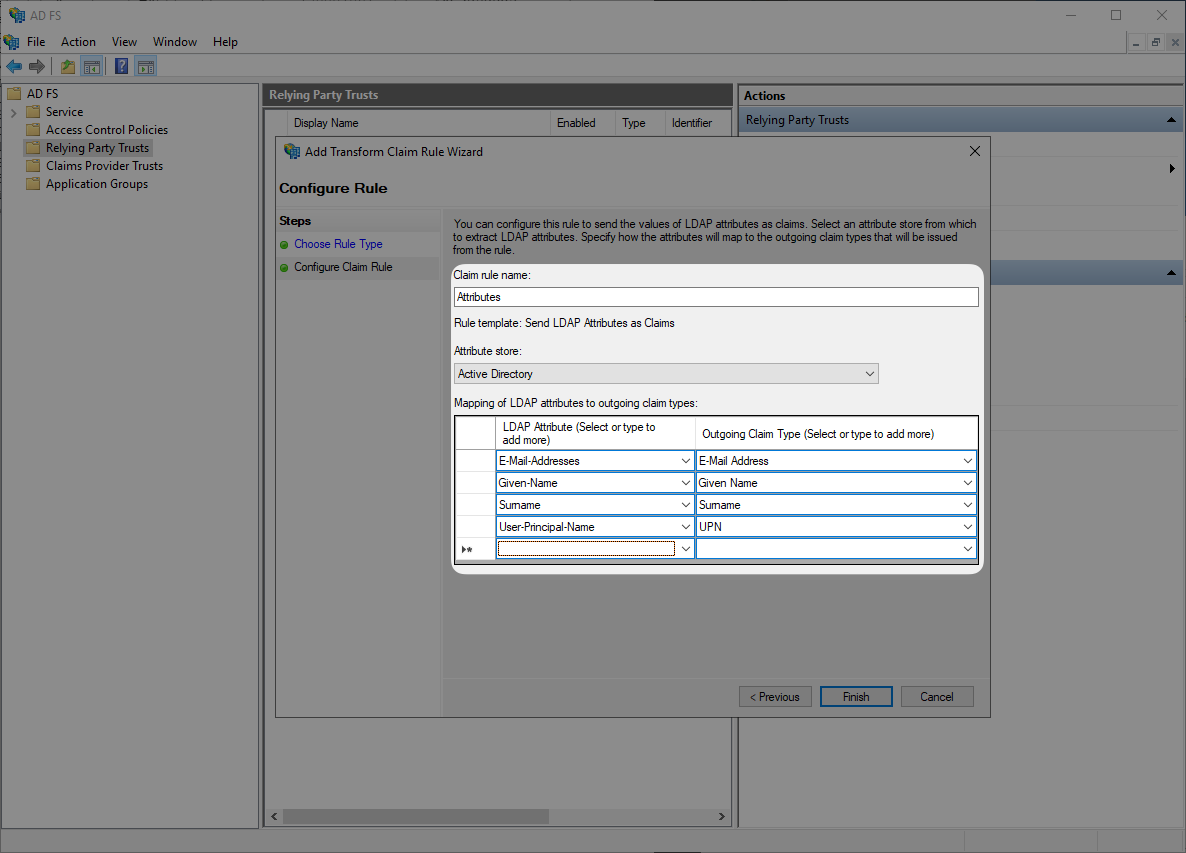 A screenshot showing where to map attributes in the Transform Claim Rule Wizard.