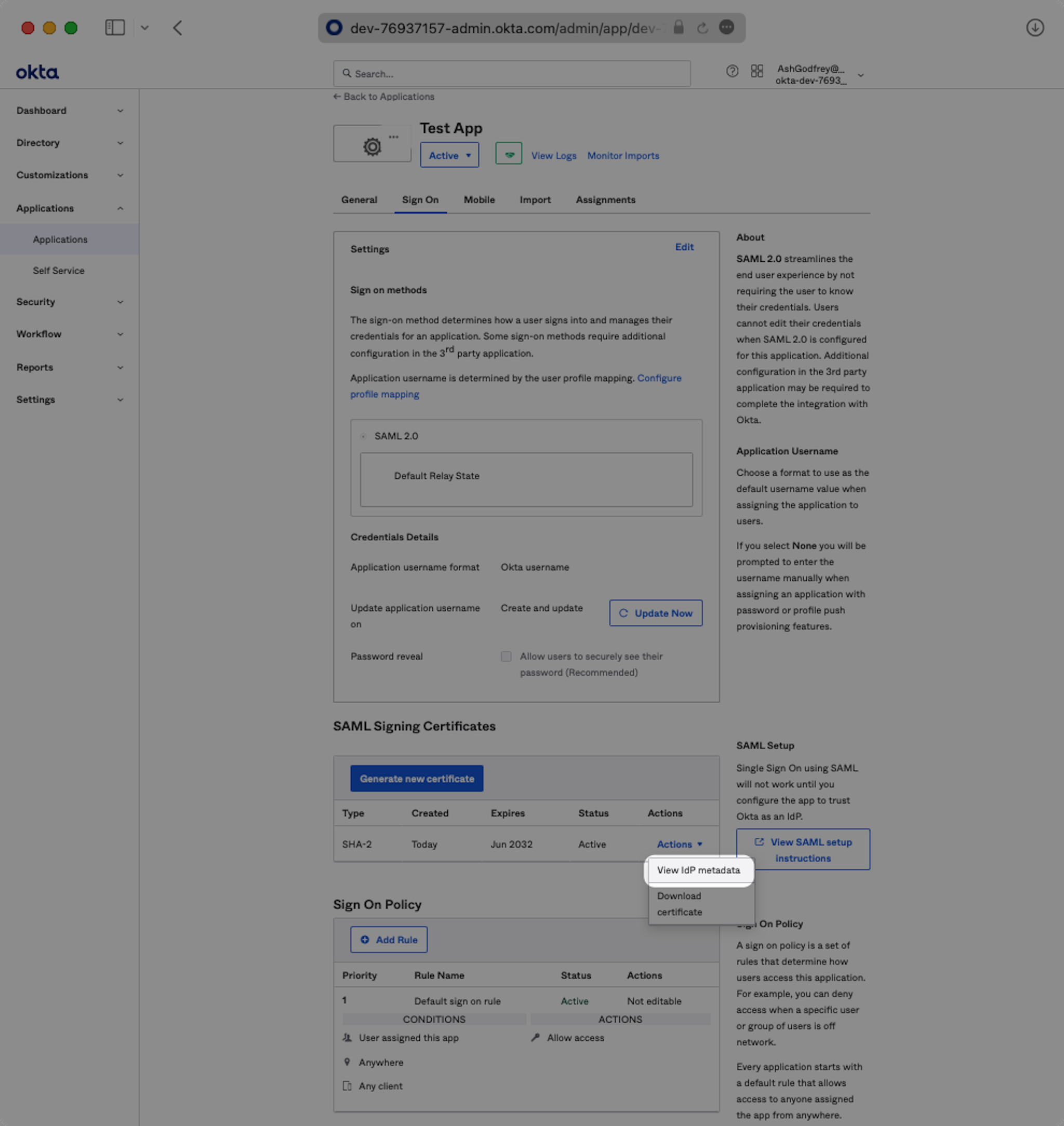 A screenshot showing the "View IdP Metadata" selection in the Okta Dashboard.