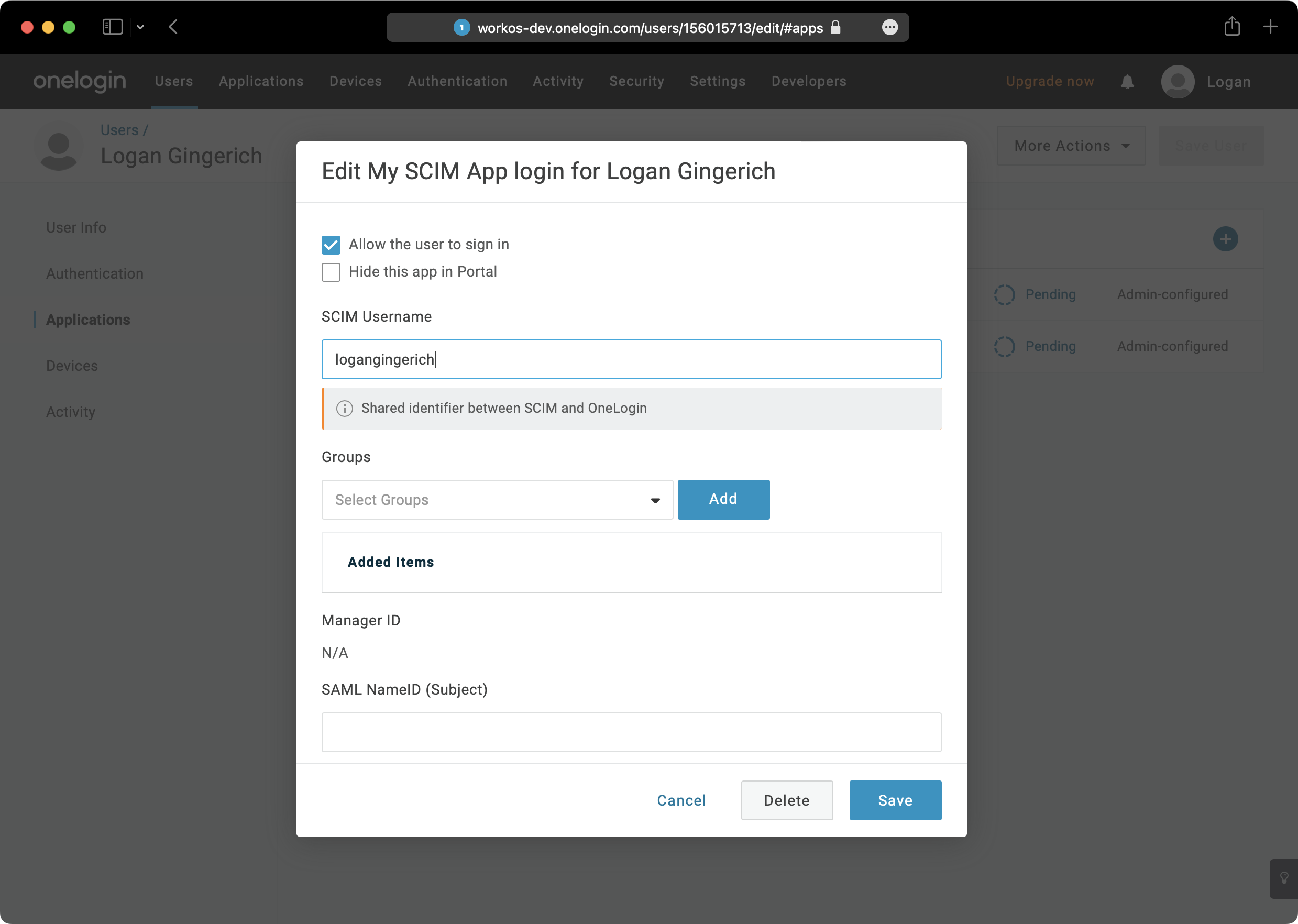 A screenshot showing how to save User Assignment in OneLogin