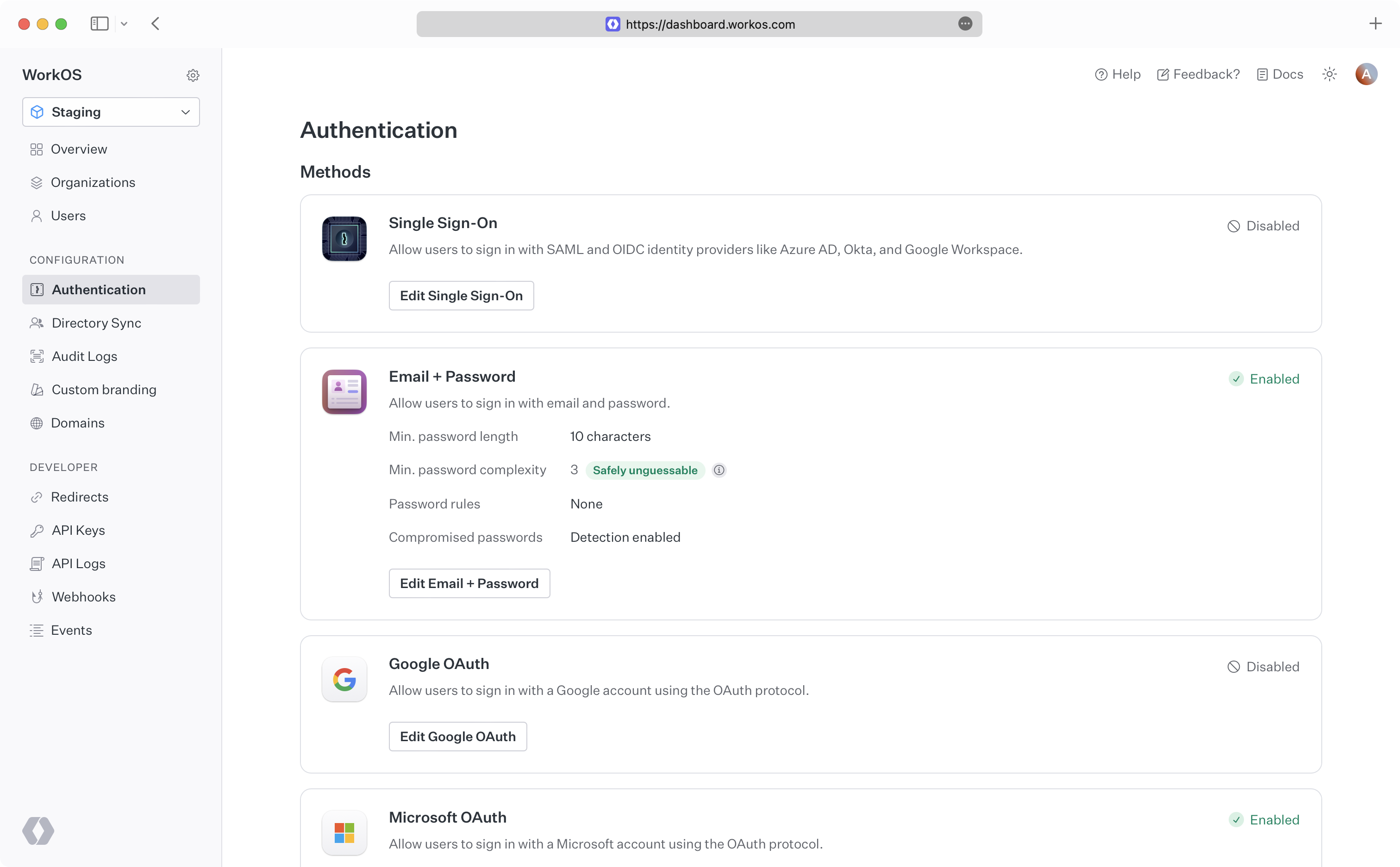 Dashboard displaying available authentication methods