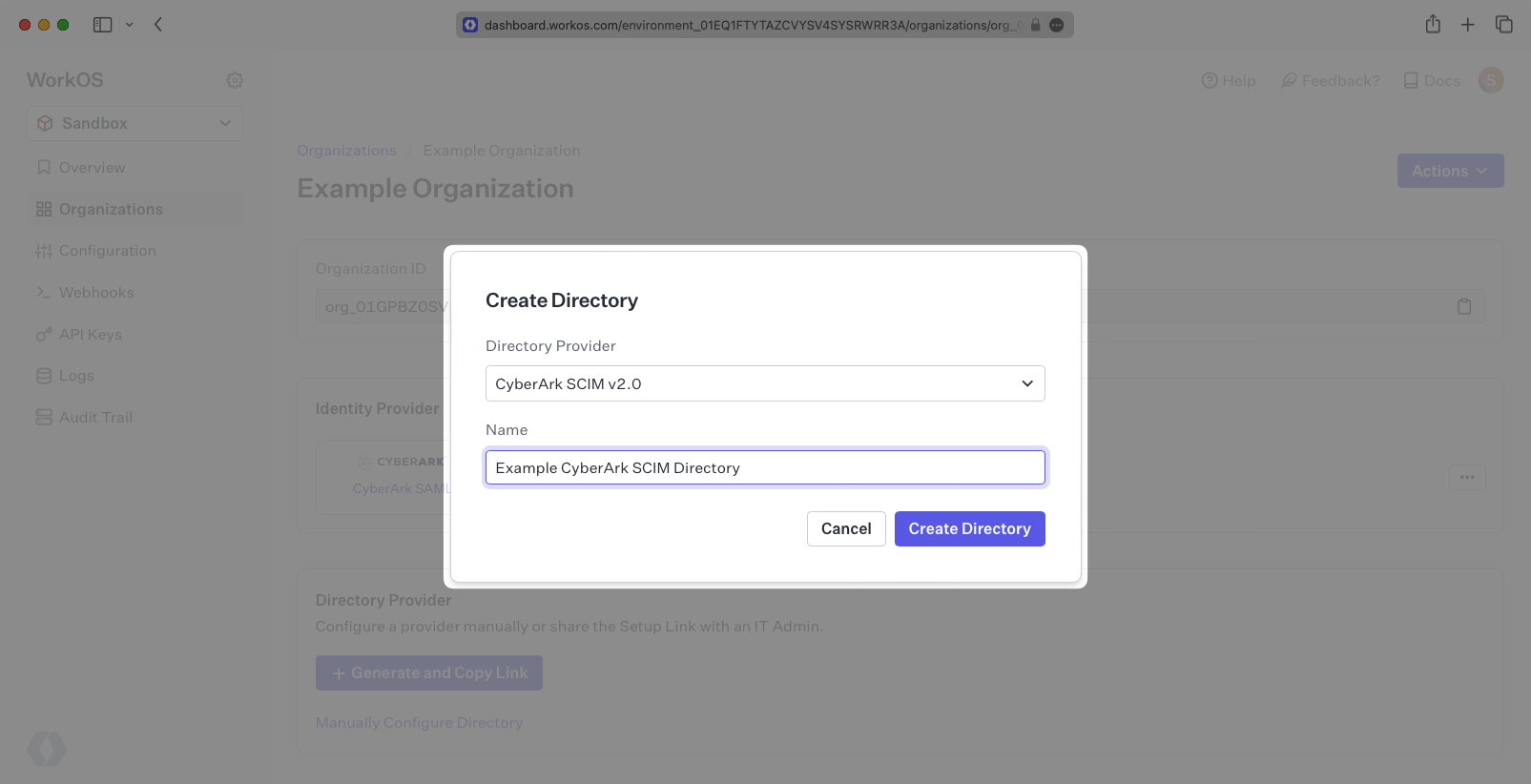 A screenshot showing the proper configuration of the "Create Directory" modal in the WorkOS dashboard.