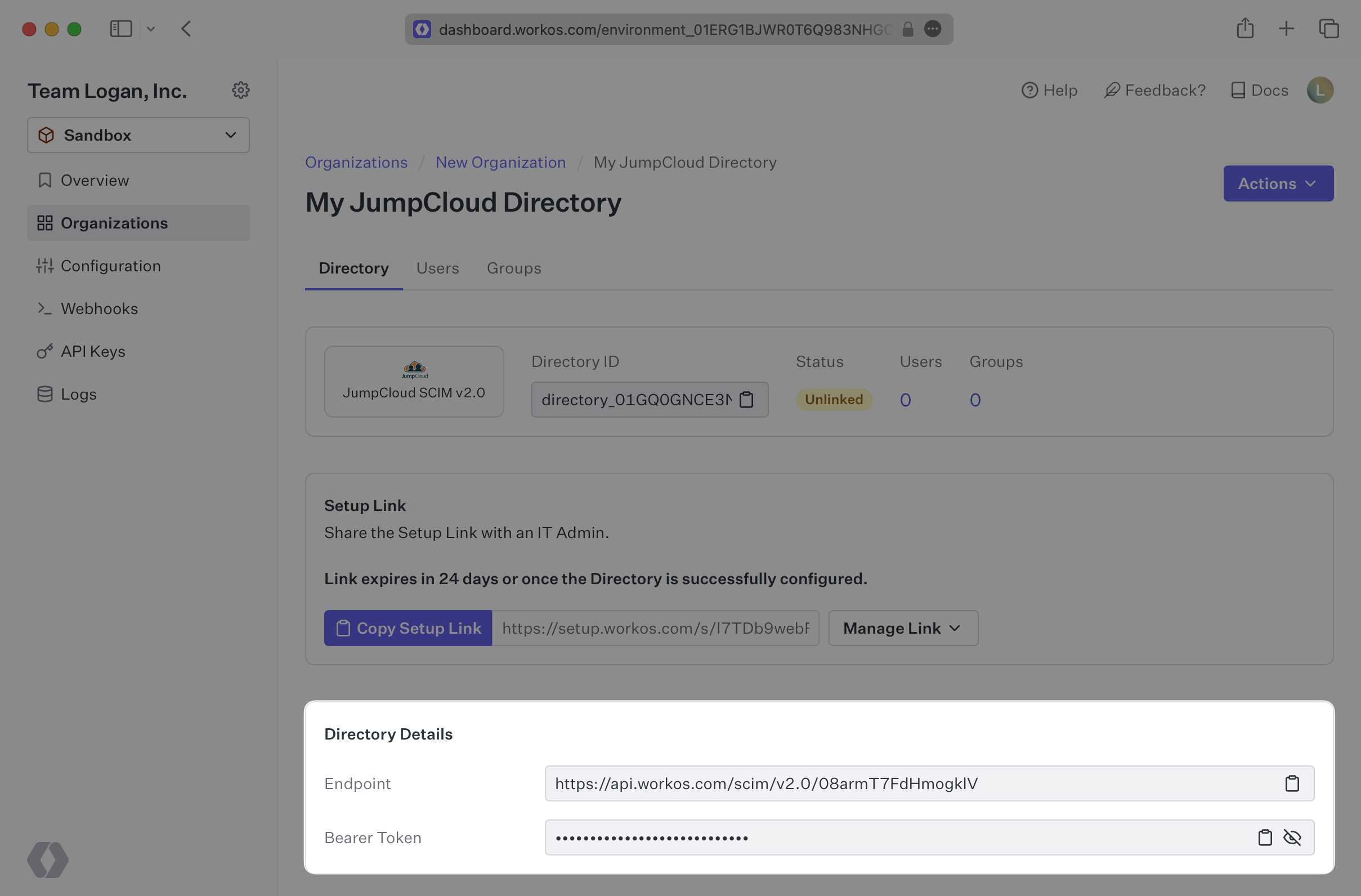 A screenshot highlighting the "Directory Details" for a JumpCloud directory in the WorkOS Dashboard.