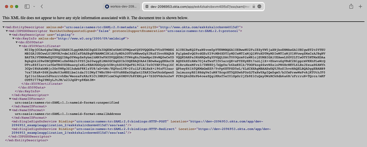 A screenshot of the IdP Metadata XML URL in the Okta Dashboard.
