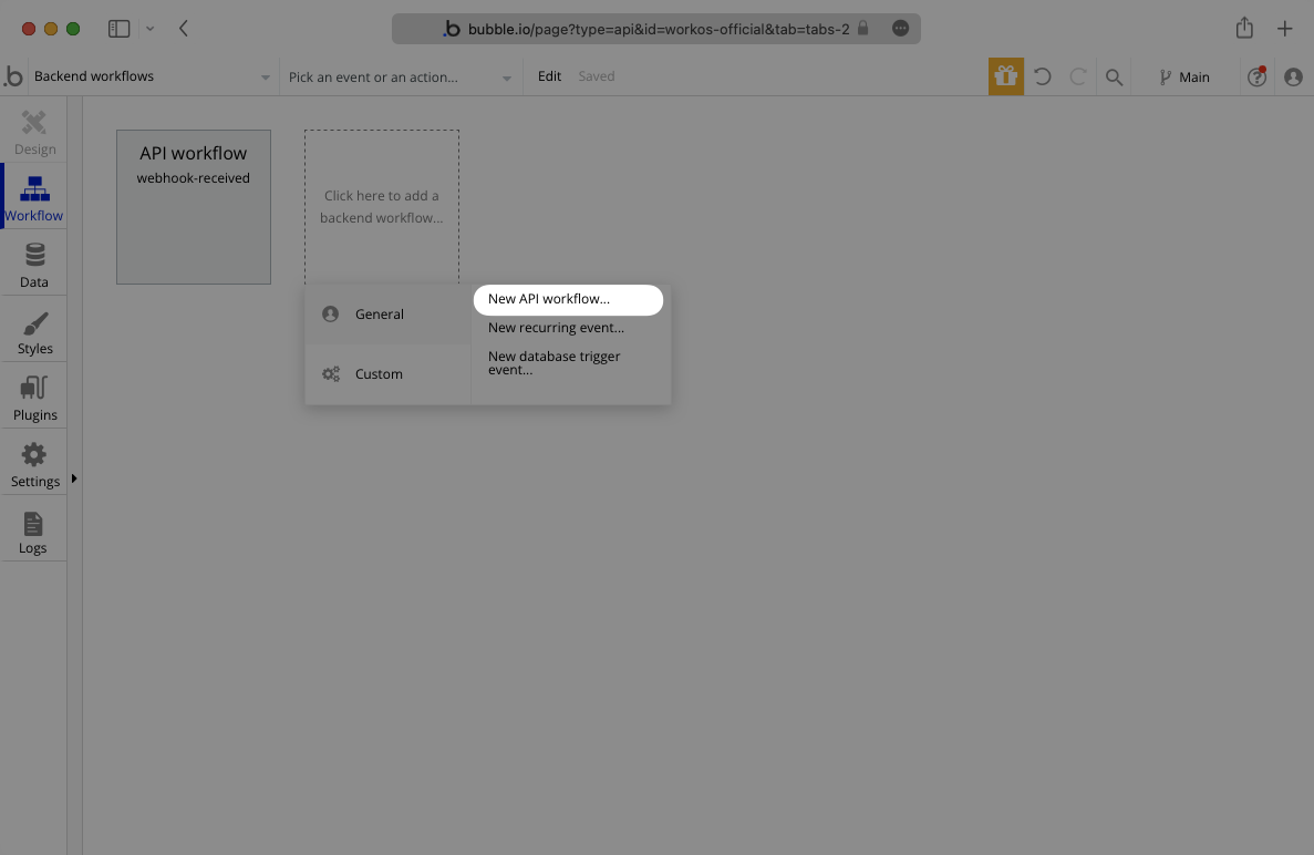 A screenshot showing how to navigate to and create a new backend workflow in Bubble.