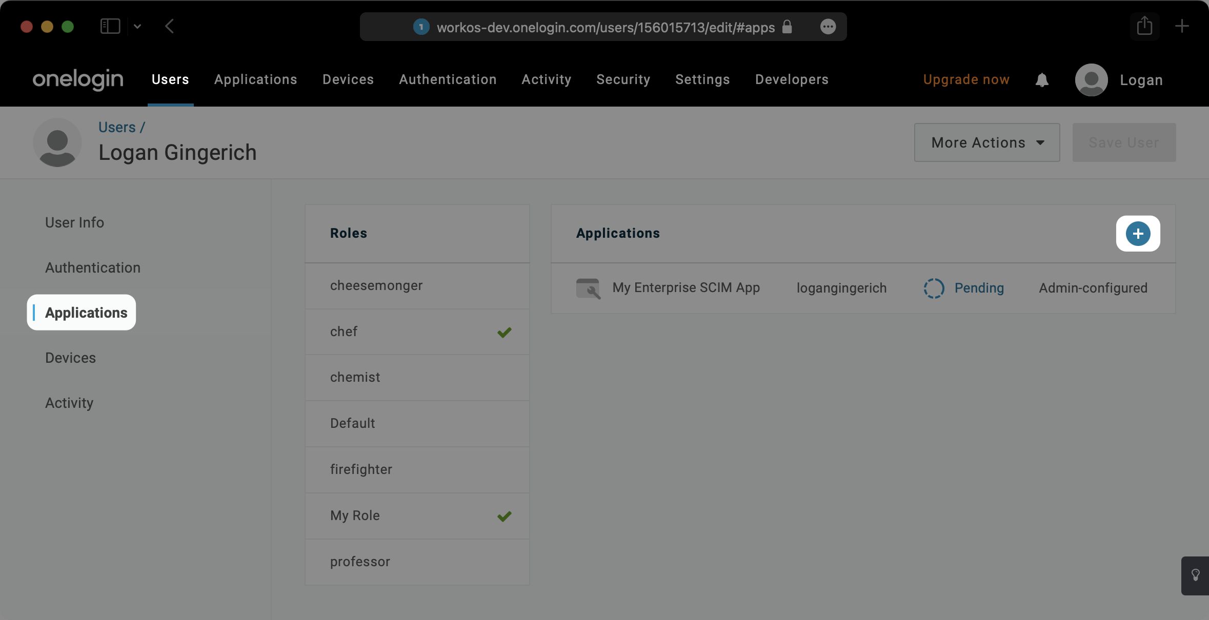 A screenshot showing where to select "+" in the "Applications" tab in OneLogin