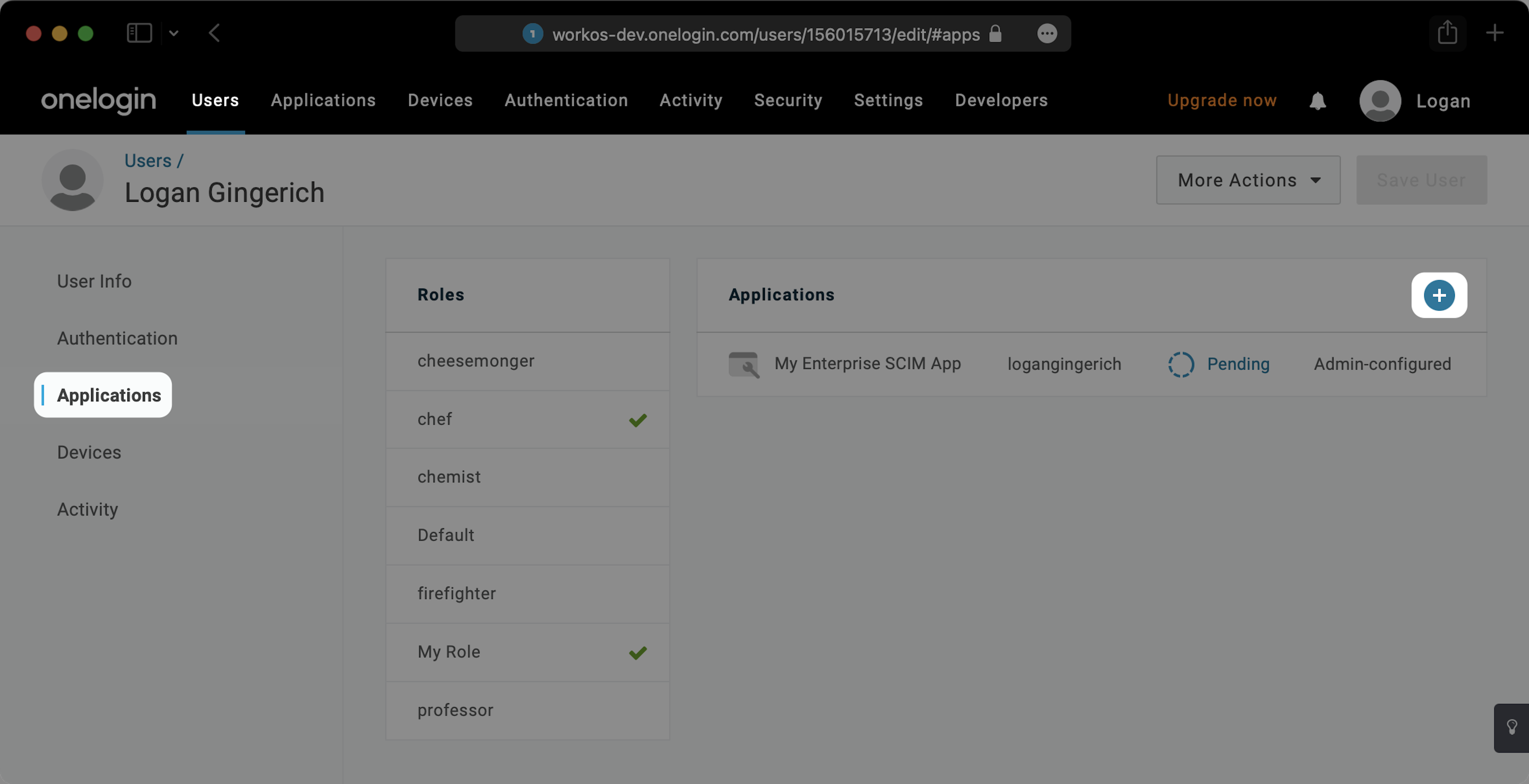 A screenshot showing the 'Users' tab and how to add users to an application in the OneLogin dashboard.