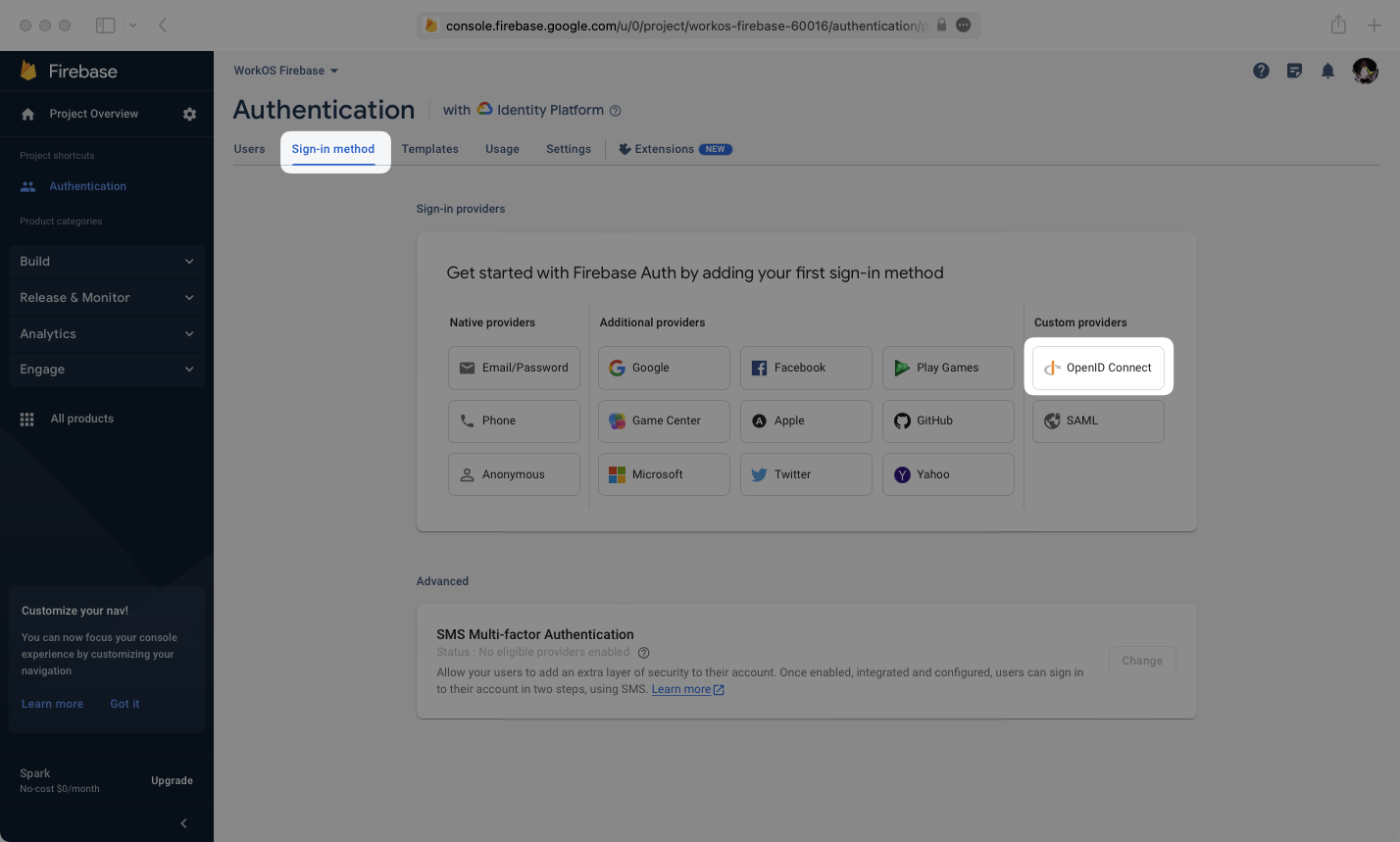 A screenshot showing where to find the OpenID Connect custom provider in Firebase
