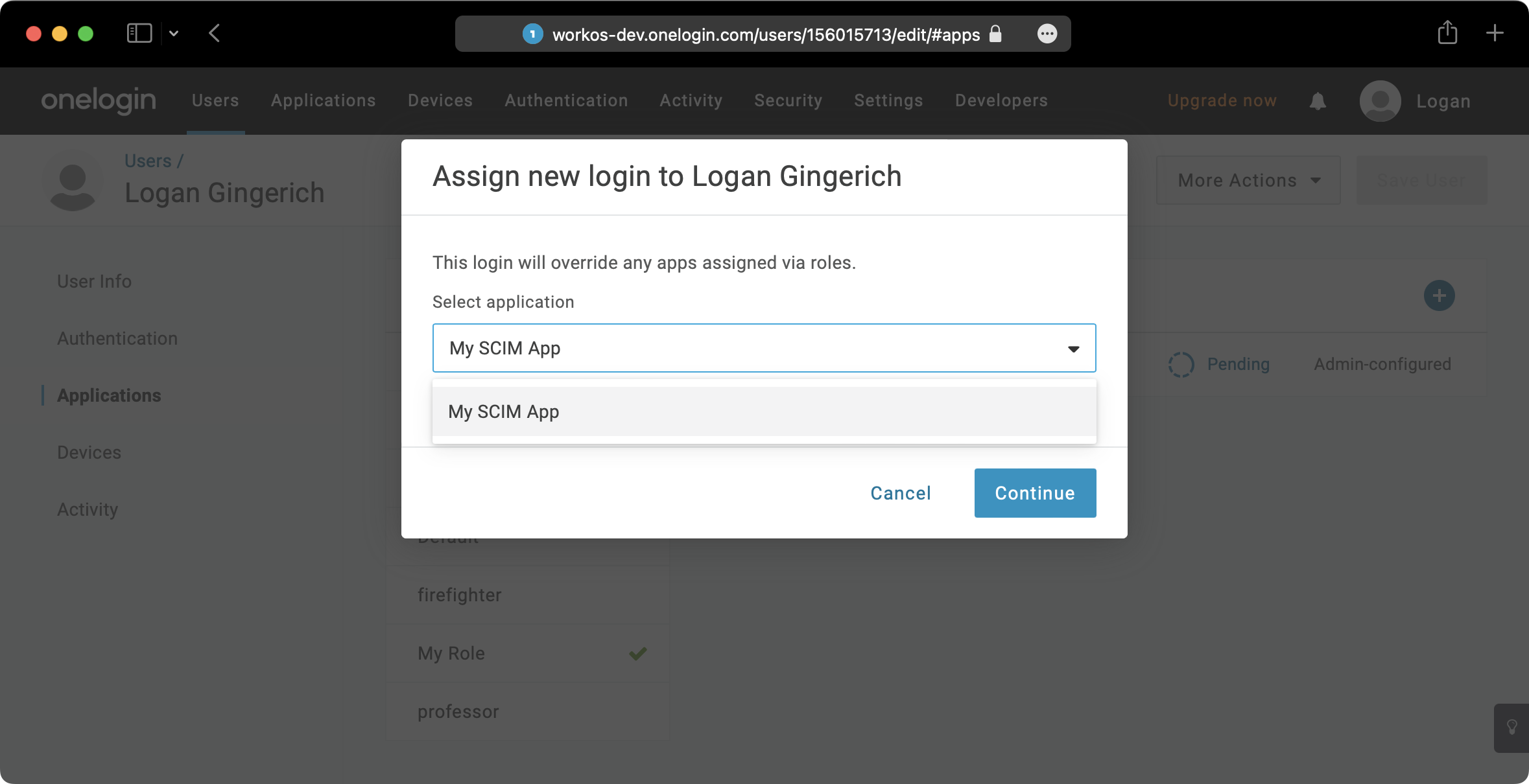 A screenshot showing how to select SCIM App to assign OneLogin User