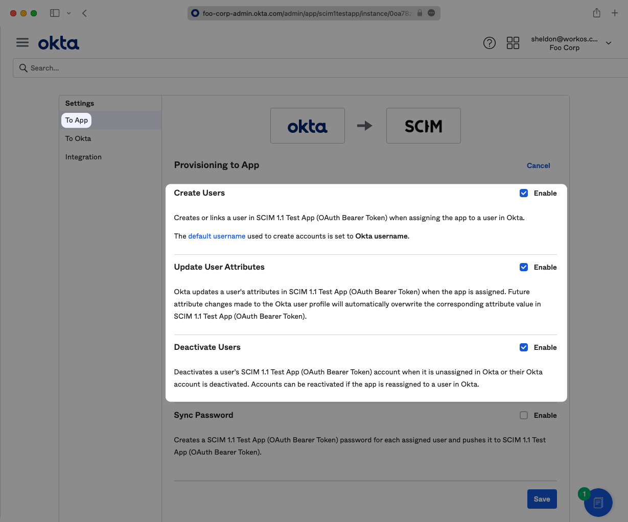 Configure Provisioning Options in Okta SCIM App