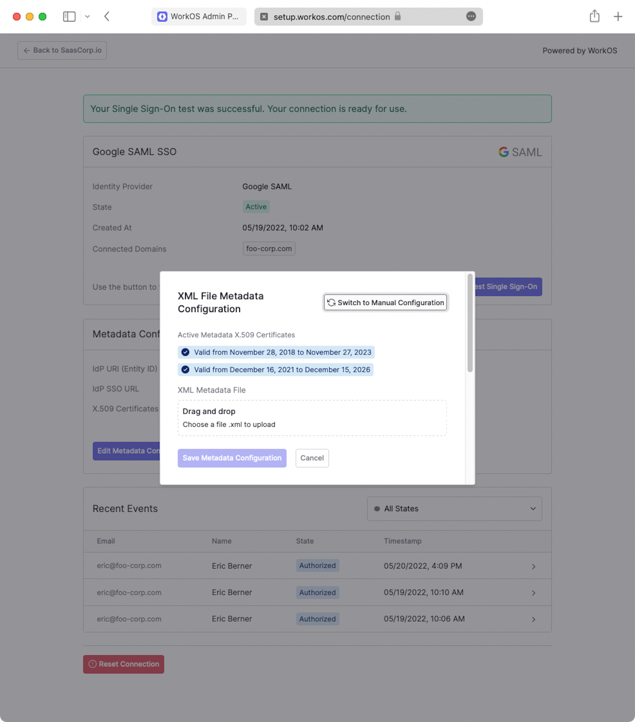 A screenshot showing the Admin Portal SSO screen and where to "Edit Metadata Configuration".