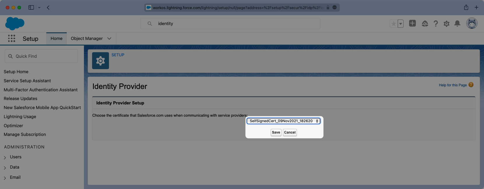 A screenshot showing how to select the SAML certificate for the Identity Provider setup in the Salesforce dashboard.