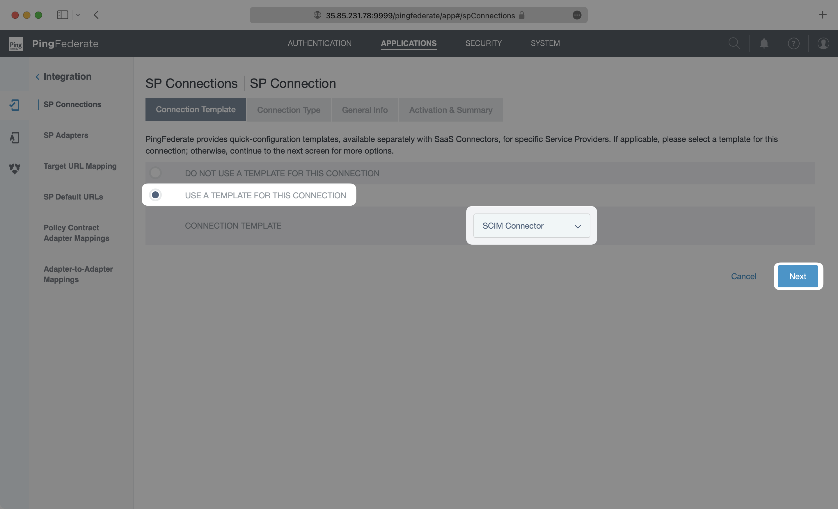 A screenshot showing how to select the SCIM Connector template in PingFederate.