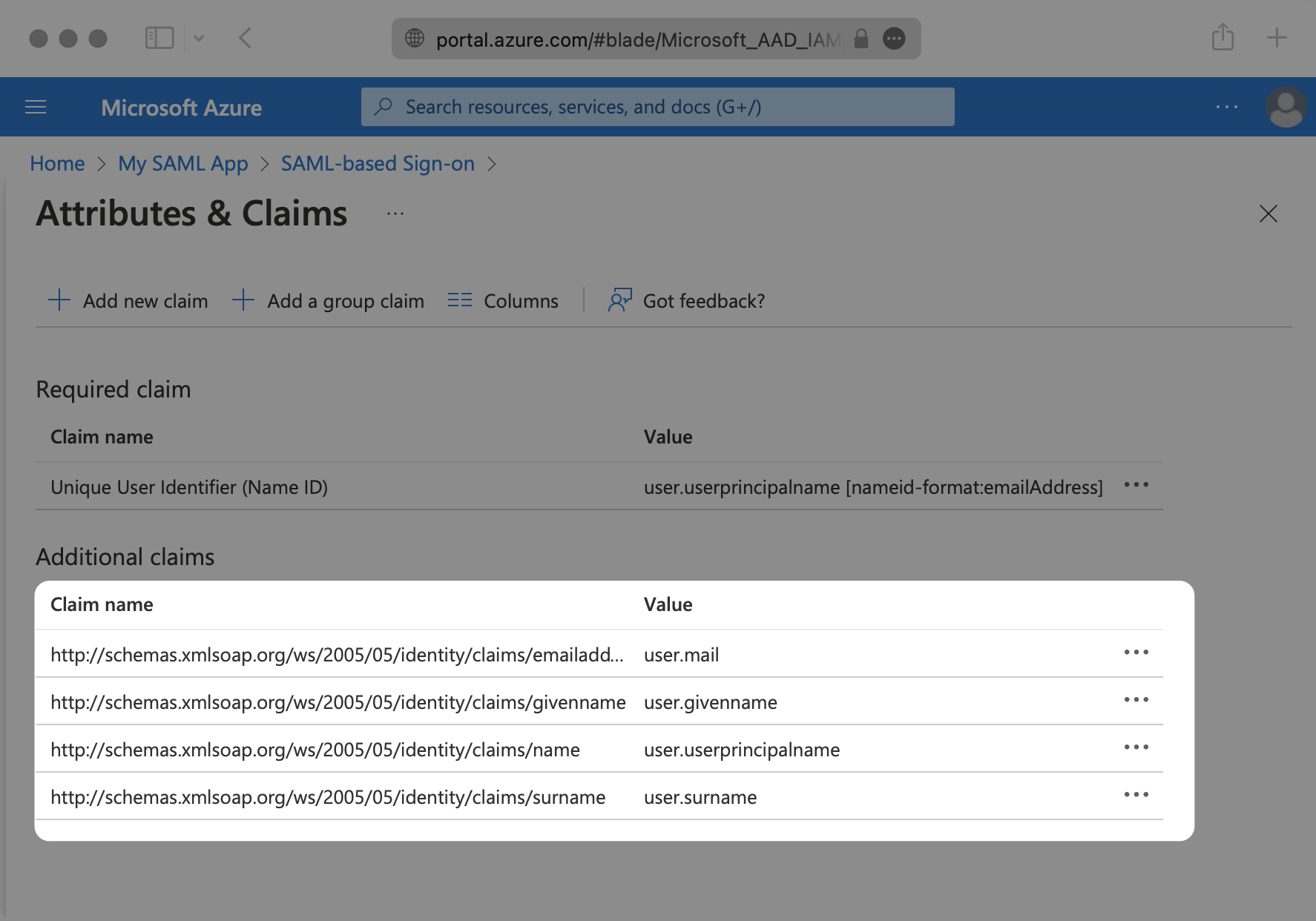 A screenshot showing the "Attribute & Claims" configuration in the Azure dashboard.