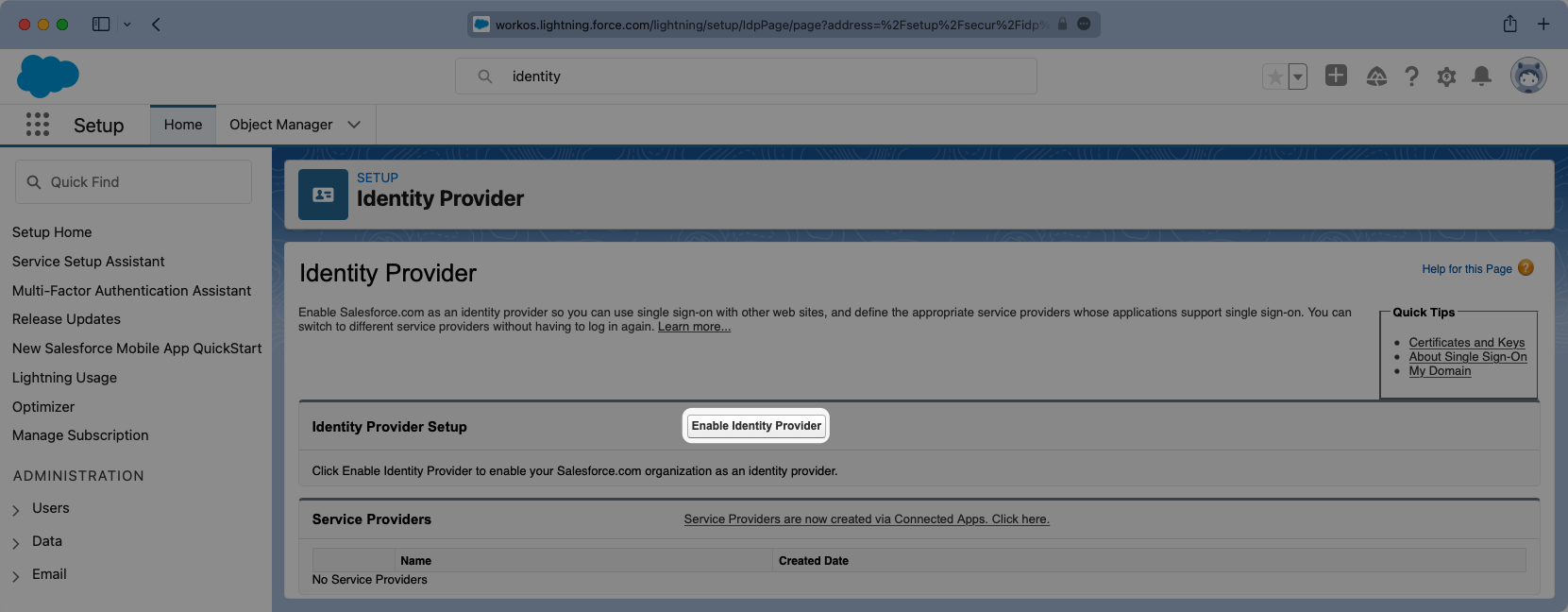 A screenshot showing how to enable Salesforce as an Identity Provider in the Salesforce dashboard.