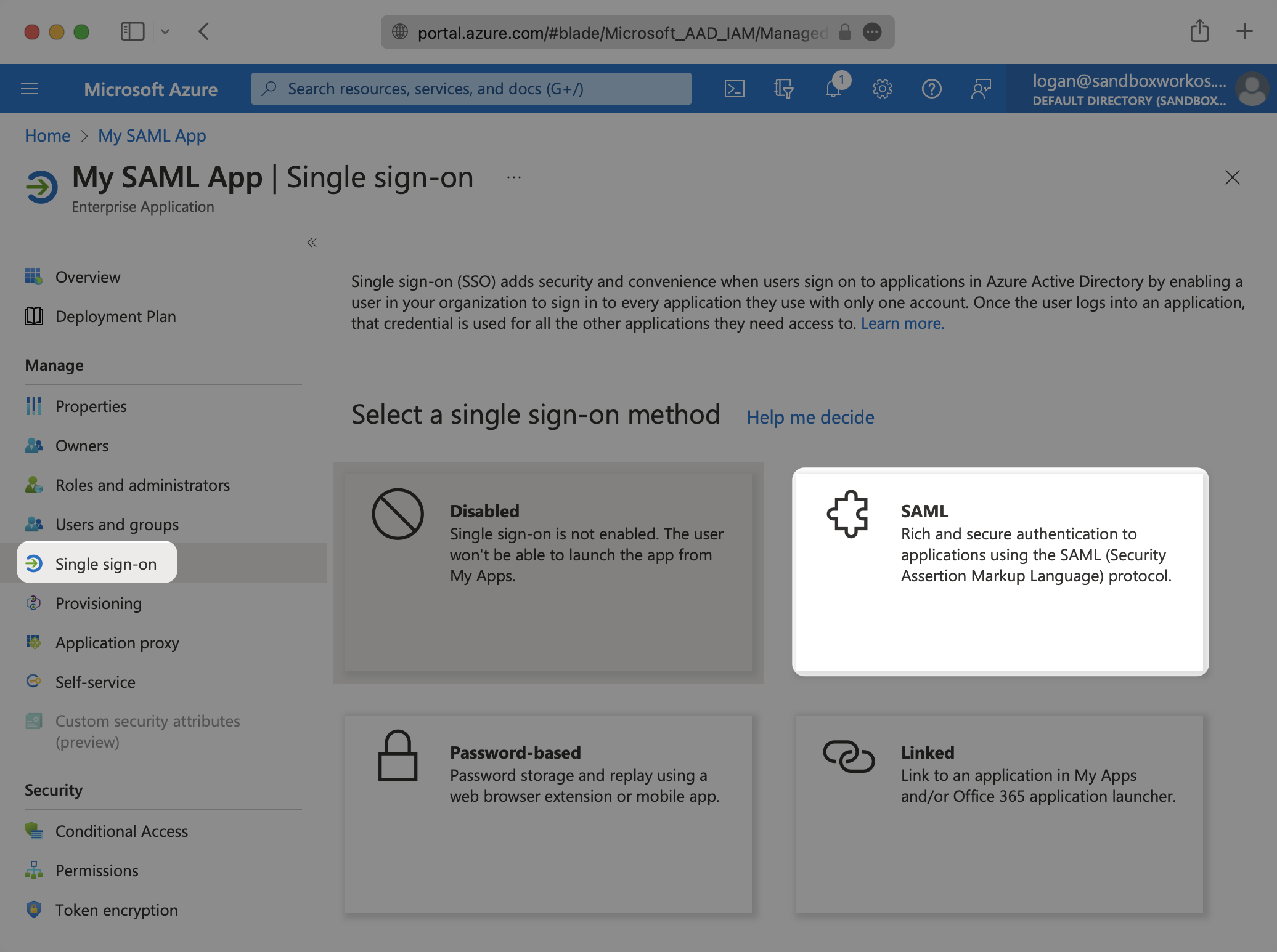 A screenshot showing how to select "SAML" as the single sign-on method of the Azure application in the Azure dashboard.