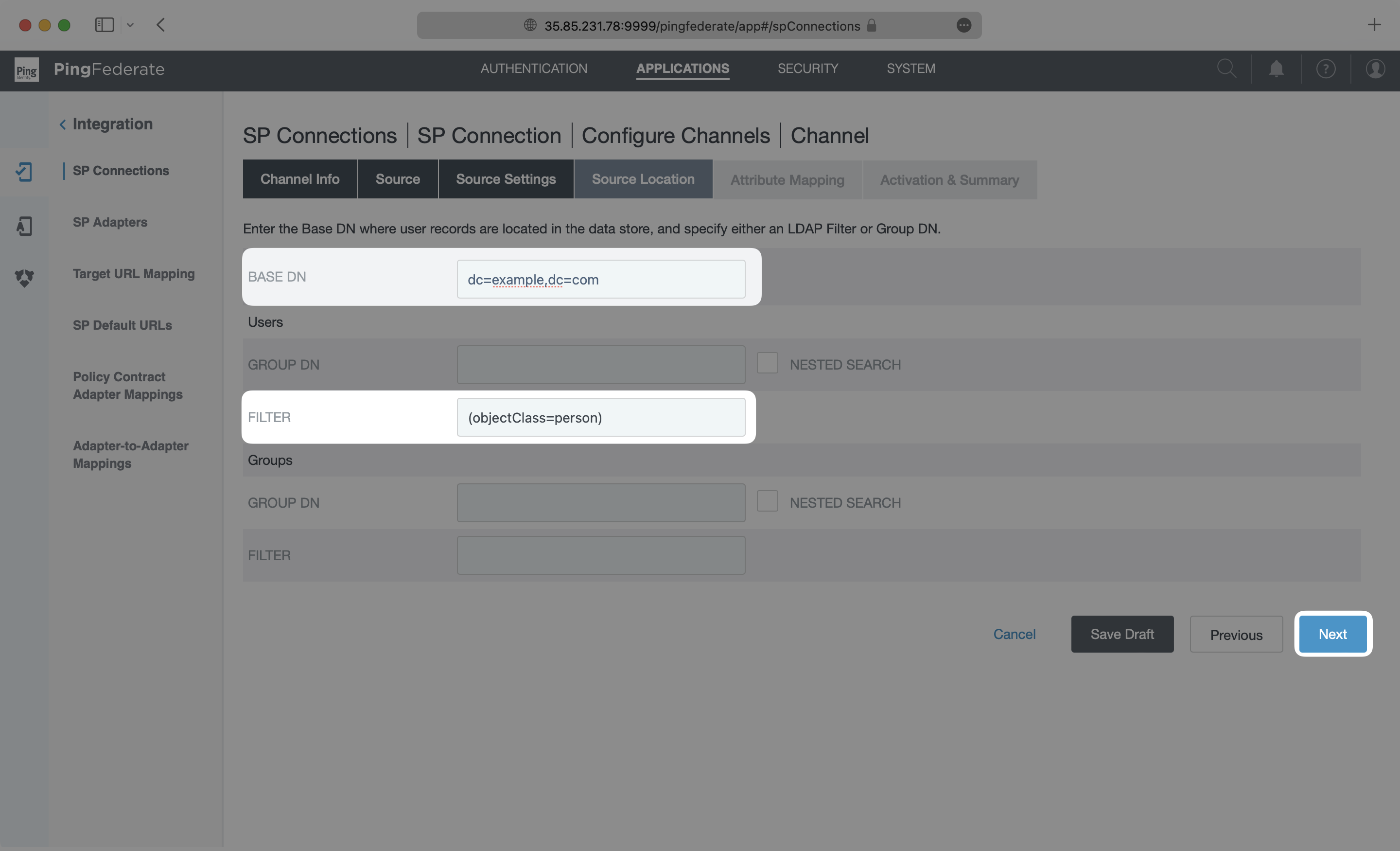 A screenshot showing where to configure the source location in PingFederate.