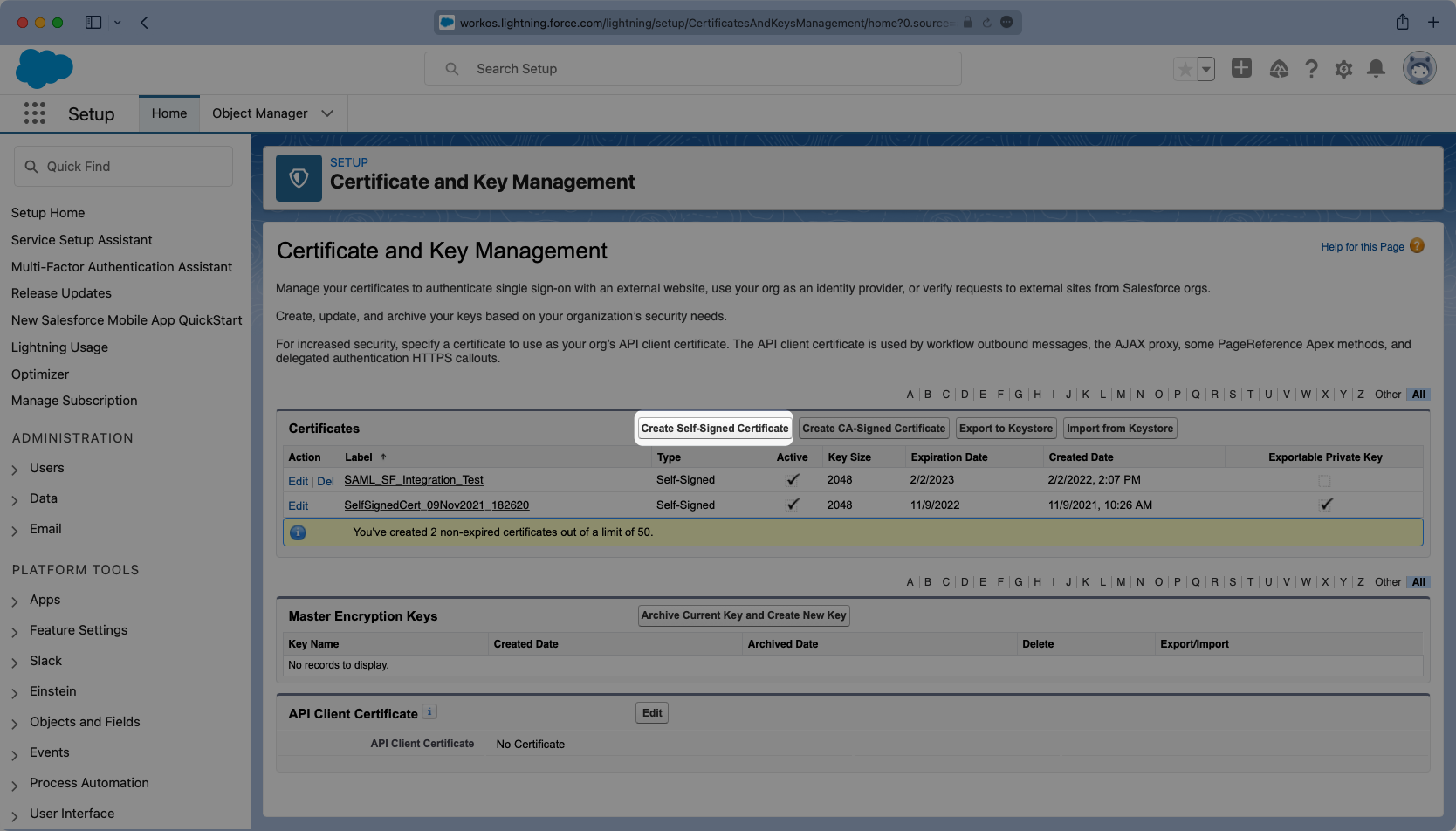 A screenshot showing how to generate a Self-Signed Certificate in the Salesforce dashboard.