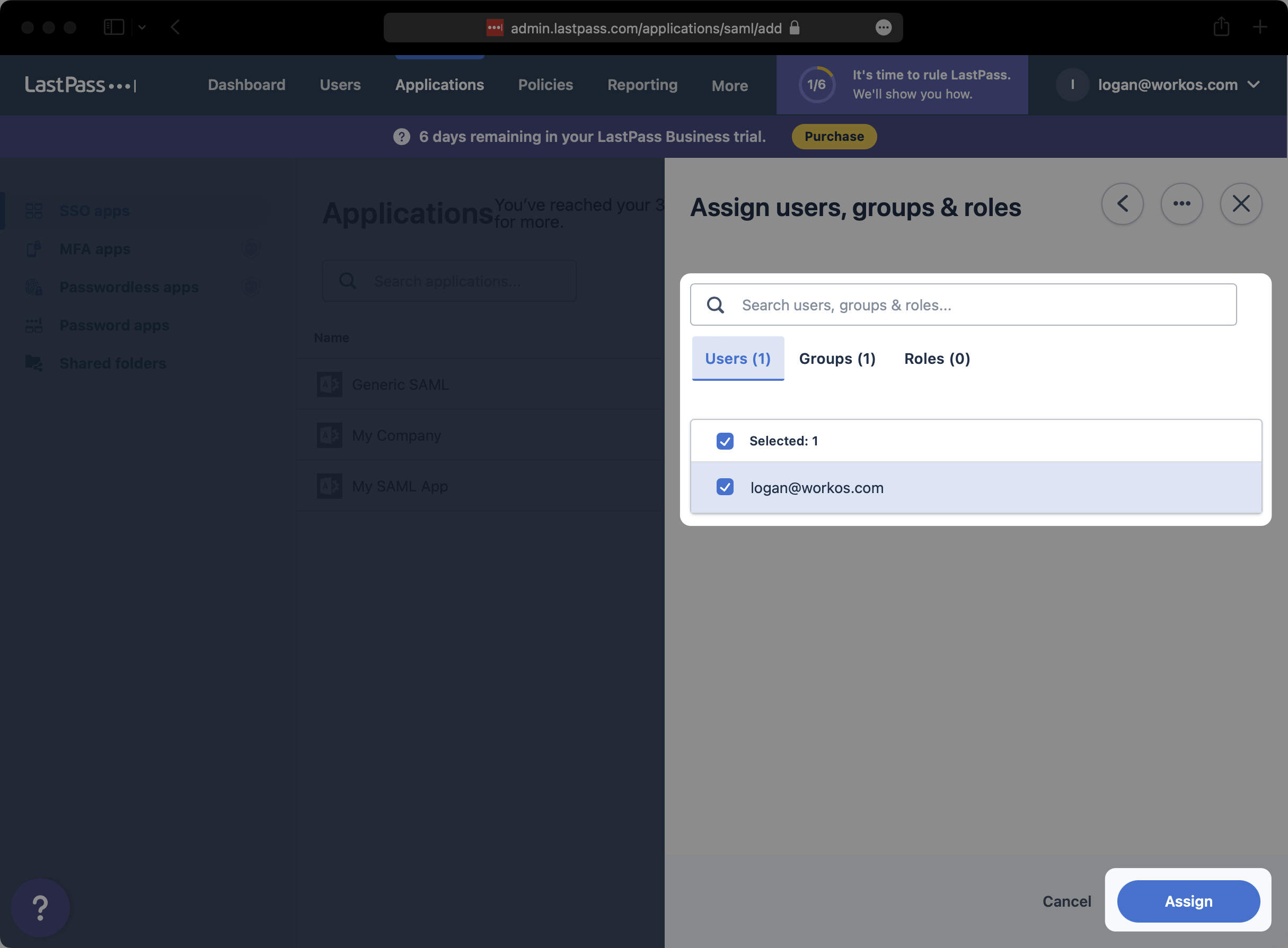 A screenshot showing to select Users and Groups in LastPass.