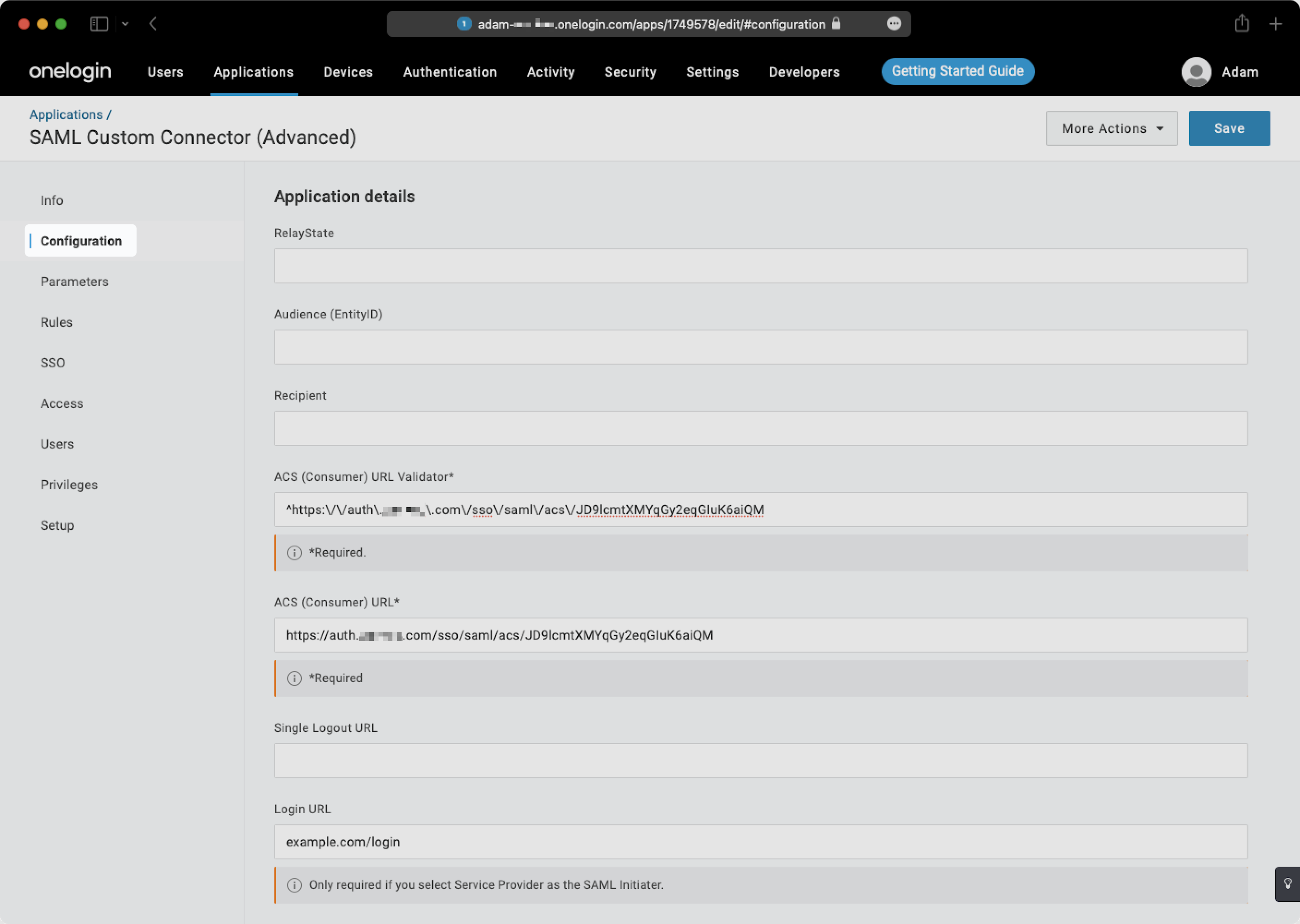 A screenshot showing where to select the 'Configuration' tab in the OneLogin Dashboard.