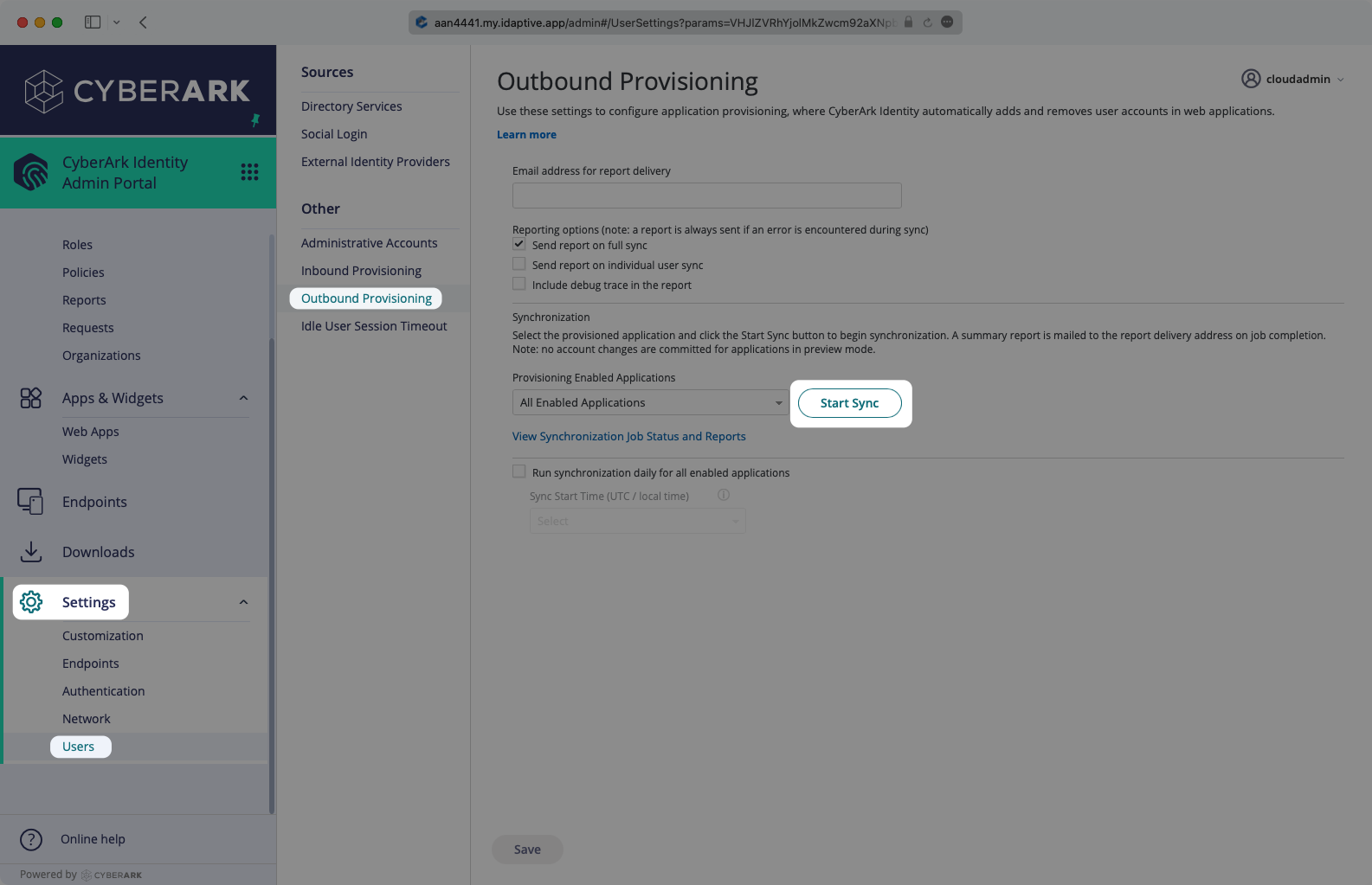A screenshot showing where to select "Start Sync" in the "Outbound Provisioning" settings in the CyberArk dashboard.
