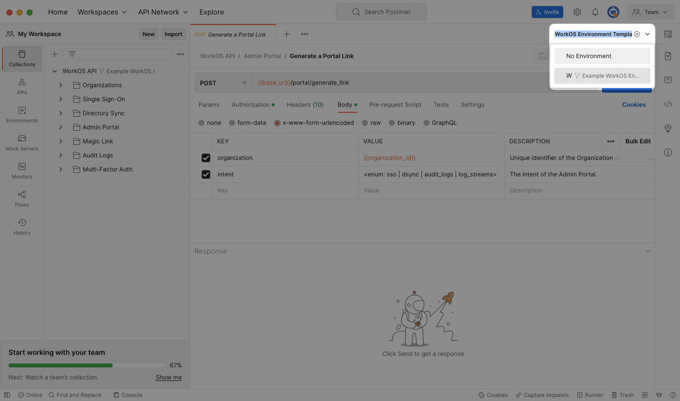 A screenshot showing where to select the Environment in Postman.