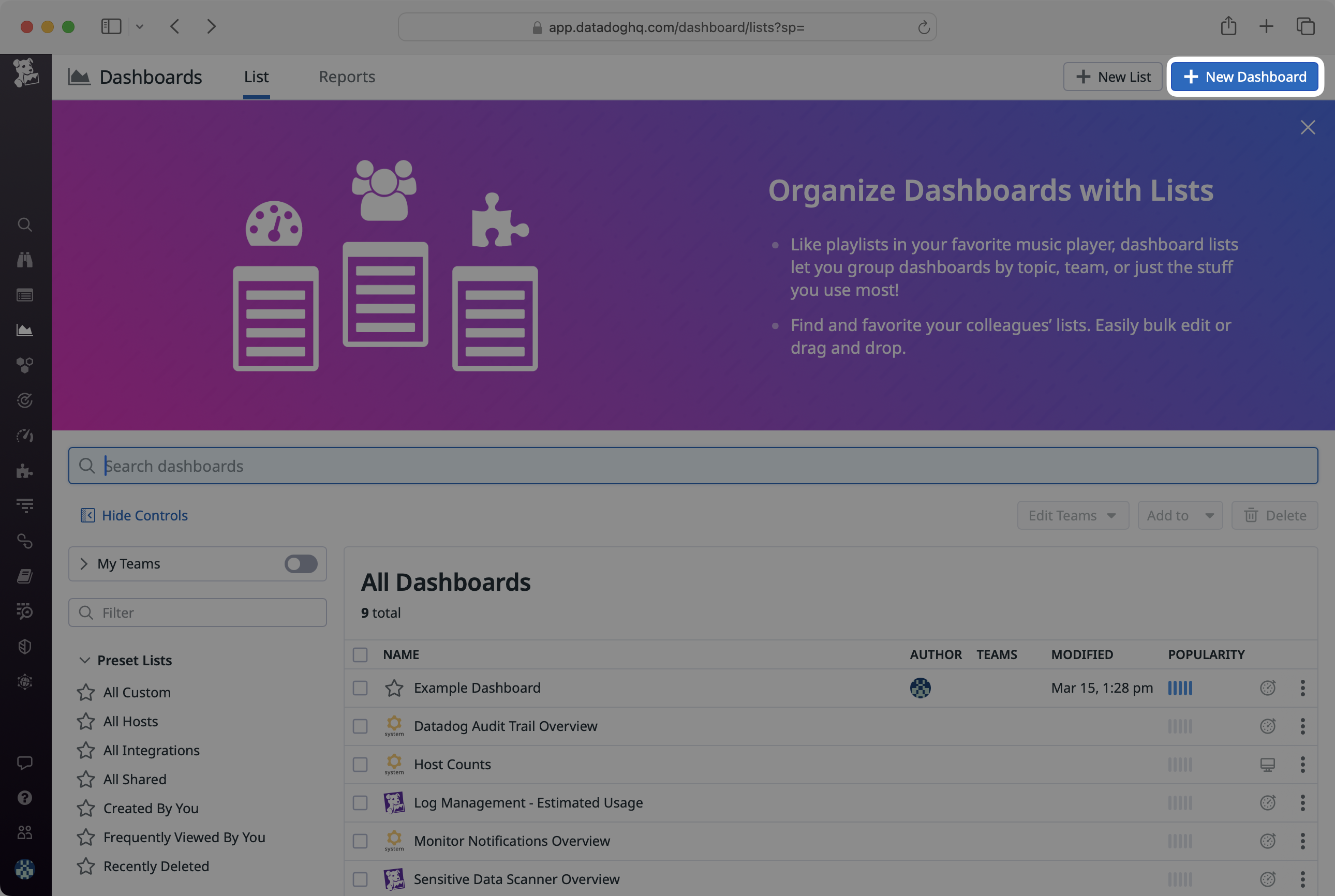 A screenshot showing how to create a new dashboard in Datadog.